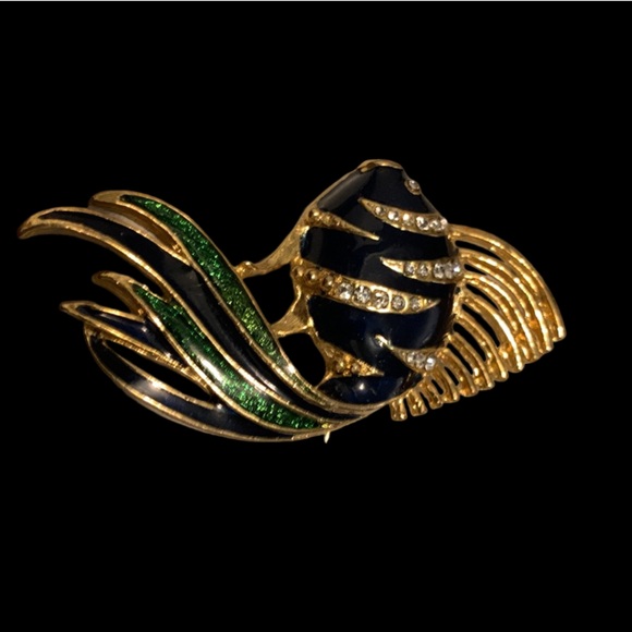 Elegant Vintage Blue & Green ENAMEL and Clear Rhinestones BROOCH Pin - Picture 7 of 10